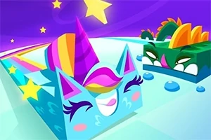 Renkli ve sevimli unicorn ve ejderha figürleri, yıldızlarla dolu mor bir arka plan üzerinde yarışıyor
