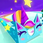 Renkli ve sevimli unicorn ve ejderha figürleri, yıldızlarla dolu mor bir arka plan üzerinde yarışıyor