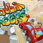 Grafiti tarzında renkli Paintball Racers yazısı ve üzerinde yumurta olan kırmızı oyuncak araba