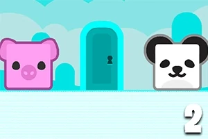 Pembe bir domuz ve beyaz bir panda kutu şeklinde, mavi bir kapının önünde duruyorlar; sağ alt köşede 2 rakamı var