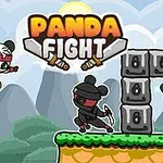 Panda temalı, kılıç taşıyan ninja karakterlerin ve bir panda figürünün bulunduğu çizgi film tarzı bir sahne