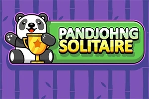 Sevimli bir panda, PANDJOHNG SOLITAIRE yazısının yanında, bir kupa tutarken görülüyor