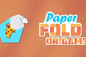 Bir elin, peynir ve zeytinli bir pizza dilimi içeren kağıdı katladığı bir sahne ve yanında büyük harflerle yazılmış Paper Fold Origami metni