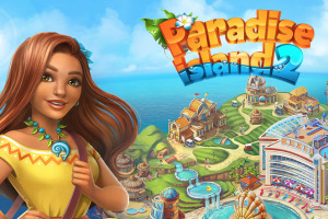 Paradise Island 2 Genç bir kadın figürü, tropik bir adada lüks binaların yer aldığı renkli bir manzaraya bakıyor