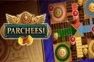 Mavi bir arka planda Parcheesi oyun tahtası ve Parcheesi yazılı bir sembol