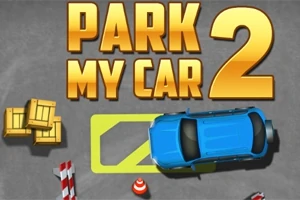 Mavi bir araba park alanına girmeye çalışırken üstte büyük, sarı renkte Park My Car 2 yazısı ve çevresinde birkaç kutu ve trafik konisi gösteriliyor