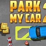 Mavi bir araba park alanına girmeye çalışırken üstte büyük, sarı renkte Park My Car 2 yazısı ve çevresinde birkaç kutu ve trafik konisi gösteriliyor