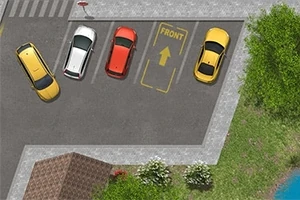 Birkaç arabadan oluşan bir otopark düzeni, kaldırım, çimen ve ağaçlarla çevrilmiş