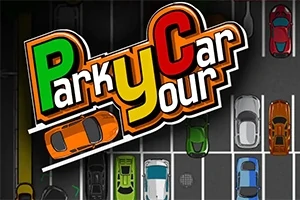 Renkli arabaların park ettiği ve Park Your Car yazılı bir otopark görünümü