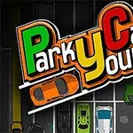 Renkli arabaların park ettiği ve Park Your Car yazılı bir otopark görünümü