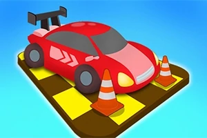 Kırmızı spor araba, iki trafik konisi ile birlikte kare damalı bir platform üzerinde yer almaktadır
