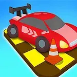 Kırmızı spor araba, iki trafik konisi ile birlikte kare damalı bir platform üzerinde yer almaktadır