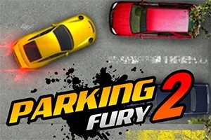 Sarı bir spor araba, kırmızı ve siyah arabaların yanında park halinde, üzerinde Parking Fury 2 yazısı bulunuyor