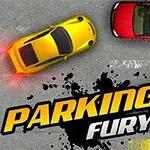 Sarı bir spor araba, kırmızı ve siyah arabaların yanında park halinde, üzerinde Parking Fury 2 yazısı bulunuyor