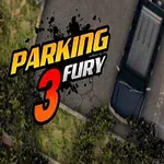 Bir otoparkta araçlar, yoğun bitki örtüsü ve Parking Fury 3 yazısı