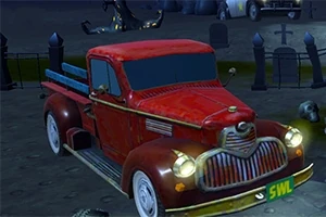 Kırmızı eski model bir kamyonet, gece mezarlık ortamında park edilmiş halde