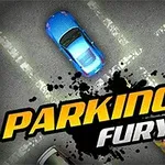 Park halindeki mavi ve kırmızı arabaların üstten görünümü, yerde beyaz park çizgileri ve üzerinde Parking Fury yazısı