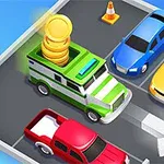 Yeşil-beyaz bir kamyonun üzerinde madeni paralar bulunan bir otoparkta, çeşitli renklerdeki araçların düzenli şekilde park edilmiş olduğu bir görüntü