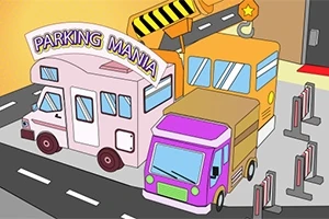 Renkli iki otobüs ve bir karavan, bir bariyerle çevrili otopark alanında park etmiş halde