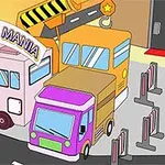 Renkli iki otobüs ve bir karavan, bir bariyerle çevrili otopark alanında park etmiş halde