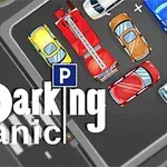 Bir otoparkta farklı renklerde arabalar ve üstünde Parking Panic yazısı