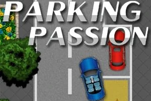 Üstten görülen bir otoparkta park edilmiş kırmızı ve mavi arabalar, sol üst köşede ağaçlık alan