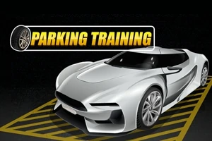 Beyaz spor bir araba, siyah bir arka plan üzerinde sarı çizgileri olan bir park alanında park edilmiş şekilde, yanında Parking Training yazısı