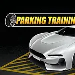 Beyaz spor bir araba, siyah bir arka plan üzerinde sarı çizgileri olan bir park alanında park edilmiş şekilde, yanında Parking Training yazısı