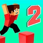 Bloklar üzerinde zıplayan, piksel tarzı bir karakterin yanında büyük bir 2 rakamı bulunuyor