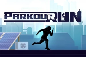 Koşan bir kişinin silueti ve arka planda kent silueti ile Parkour Run yazısı