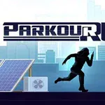 Koşan bir kişinin silueti ve arka planda kent silueti ile Parkour Run yazısı