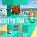 Bina blokları üzerinde birbirine basketbol topu atan blok benzeri karakterler ve arka planda bir stadyum