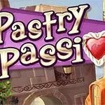 Renkli ve kremalı bir kalp simgesiyle süslenmiş Pastry Passion yazısı, arka planda şehir manzarası