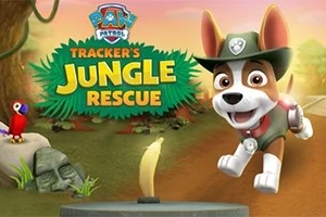 Bir köpek, üzerinde şapka ile ormanda koşarken, bir papağan ve antik taş figürlerle çevrili; Trackers Jungle Rescue yazısı arka planda yer alıyor