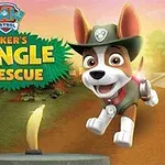 Bir köpek, üzerinde şapka ile ormanda koşarken, bir papağan ve antik taş figürlerle çevrili; Trackers Jungle Rescue yazısı arka planda yer alıyor