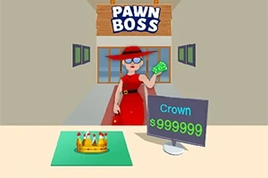 Kırmızı elbise ve şapka giyen bir kadın, Pawn Boss tabelasının önünde para tutarken, masada bir taç ve dijital bir ekranda Crown $999999 yazısı görülüyor