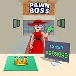 Kırmızı elbise ve şapka giyen bir kadın, Pawn Boss tabelasının önünde para tutarken, masada bir taç ve dijital bir ekranda Crown $999999 yazısı görülüyor