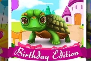 Yeşil bir kaplumbağa, yanında Birthday Edition yazan pembe bir pankartla, arka planda mor kuleli pembe bir şato ve balonlarla tasvir edilmiştir