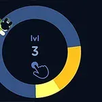 Mavi ve sarı renklerle işaretlenmiş bir daire grafiği, ortasında bir dokunma simgesi ve lvl 3 metni bulunuyor; üstte yeşil pelerinli küçük siyah bir figür yer alıyor
