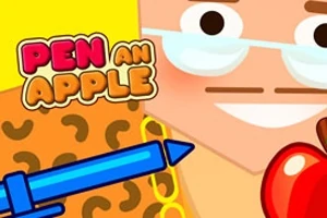 Gözlüklü ve bıyıklı bir çizgi karakter, elinde kırmızı bir elma tutarken yanında mavi bir kalem ve Pen an Apple yazısıyla görülüyor