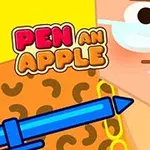 Gözlüklü ve bıyıklı bir çizgi karakter, elinde kırmızı bir elma tutarken yanında mavi bir kalem ve Pen an Apple yazısıyla görülüyor