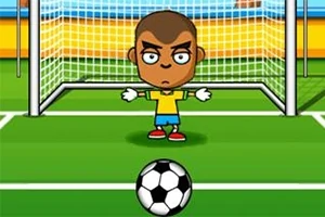 Çizgi karakter kaleci, futbol sahasında kale önünde duruyor ve önünde bir futbol topu var