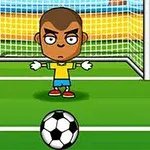 Çizgi karakter kaleci, futbol sahasında kale önünde duruyor ve önünde bir futbol topu var