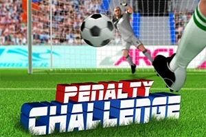 Futbol sahasında kaleciye doğru gelen bir futbol topu ve ön planda Penalty Challenge yazısı