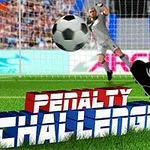 Futbol sahasında kaleciye doğru gelen bir futbol topu ve ön planda Penalty Challenge yazısı