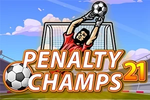 Kırmızı formalı kaleci, futbolda penaltıyı kurtarırken büyük PENALTY CHAMPS 21 yazısı ön planda