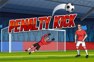 Bir futbolcu, yeşil zemin üzerinde kırmızı forma giyerken, kaleci uzanarak topa müdahale etmeye çalışıyor ve arka planda büyük harflerle PENALTY KICK yazısı bulunuyor