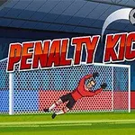 Bir futbolcu, yeşil zemin üzerinde kırmızı forma giyerken, kaleci uzanarak topa müdahale etmeye çalışıyor ve arka planda büyük harflerle PENALTY KICK yazısı bulunuyor