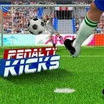 Yeşil sahada mavi şort ve beyaz çorap giymiş bir futbolcu topa vuruyor, arka planda kaleci ve kalabalık bir tribün yer alıyor