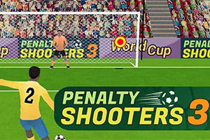 Sarı formalı bir futbolcu, kaleciye karşı penaltı atışı yapmaya hazırlanırken görülüyor, arka planda Penalty Shooters 3 ve World Cup yazıları bulunuyor